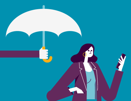 A woman with a phone in her hand and an arm holding an umbrella